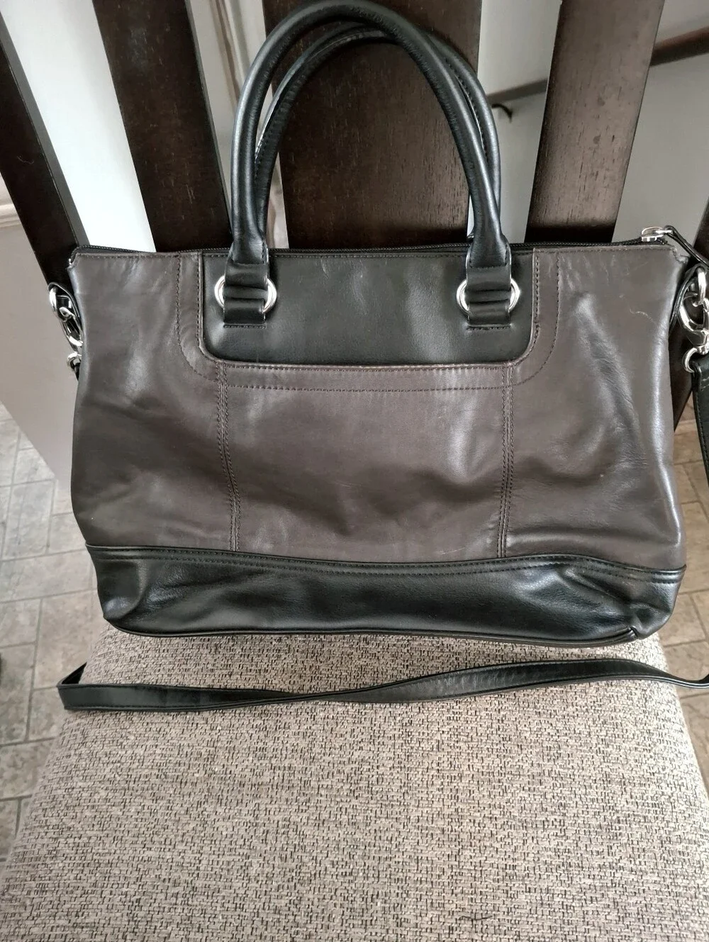 Tignanello Two Tone Convertible Leather Satchel with Crossbody Strap